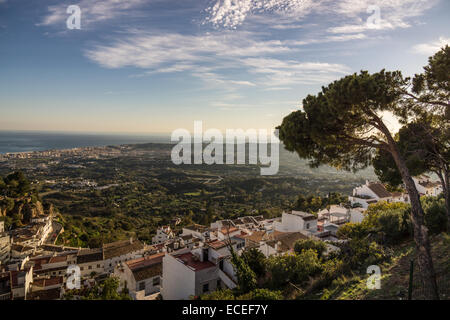 Vue sur la côte méditerranéenne près de fuengirola malaga andalousie NERJA LOINTAIN CIEL BLEU PAYSAGE PANORAMIQUE MER BÂTIMENTS ARBRES Banque D'Images