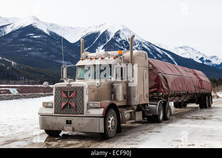 Peterbilt 379 semi-remorque avec une bâche chargement de bois en hiver Banque D'Images