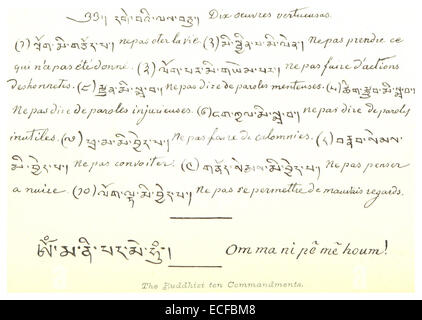 Cette œuvre de 1894 de Louis illustre les dix Commandements bouddhistes, offrant une représentation visuelle des enseignements moraux fondamentaux du bouddhisme. Le dessin sert de guide culturel et religieux à la vie éthique. Banque D'Images