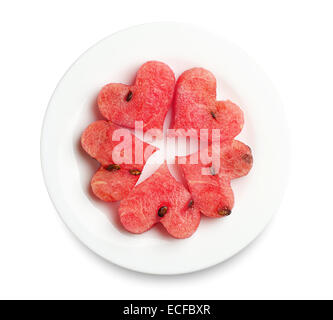 Tranches de pastèque dans la forme de coeur on white plate Banque D'Images