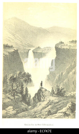 Une représentation par Moritz en 1853 du Riocan Fos, situé dans la région d'Ober Telemarken en Norvège. L'illustration met en évidence les paysages accidentés et la beauté naturelle de cette région, mettant en valeur le terrain au milieu du XIXe siècle. Banque D'Images