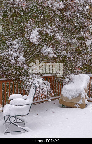 Deux chaises longues sur une terrasse extérieure en bois sont recouverts d'une neige précoce comme un érable japonais avec une couronne de l'automne Banque D'Images