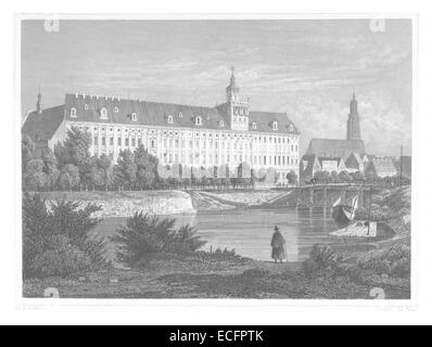 Cette illustration de 1852 tirée de l'œuvre de Poppel montre l'Université de Breslau, en Allemagne, reflétant son architecture et son rôle dans les activités académiques et scientifiques du XIXe siècle. Banque D'Images