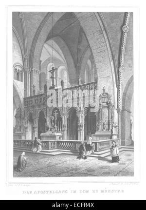 Une illustration de 1852 de l'œuvre de Poppel représentant l'intérieur de la cathédrale de Münster en Allemagne, mettant en valeur sa grandeur architecturale et son importance historique. Banque D'Images