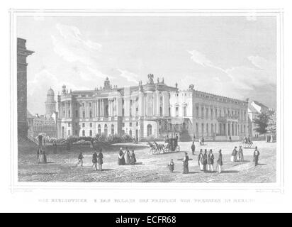 Une illustration de l'œuvre de Poppel de 1852 montrant la Bibliothek et Prinzenpalais à Berlin. Ce bâtiment historique, mélange d'architecture classique, a servi de palais royal et de bibliothèque au cœur de Berlin au XIXe siècle. Banque D'Images
