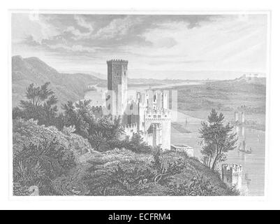 Une illustration de l'œuvre de Poppel de 1852 représentant le Burg Lahneck, un château médiéval situé sur les rives de la rivière Lahn en Allemagne. Le château est connu pour son emplacement stratégique et son importance historique au moyen âge. Banque D'Images