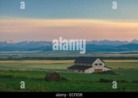 Une grange surplombe les prairies vers les contreforts et les montagnes Rocheuses dans le ranch du sud de l'Alberta. La gamme livingstone se trouve derrière Banque D'Images