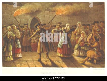 Une illustration de 1865 par Ussher d'une danse circassienne, représentant la danse traditionnelle du peuple circassien. Cette œuvre d'art capture l'élégance et le patrimoine culturel de la communauté circassienne au milieu du XIXe siècle. Banque D'Images