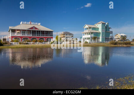 Locations de maisons sur l'île de Galveston, Texas, États-Unis. Banque D'Images