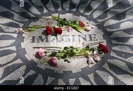 Le noir et blanc emblématique imaginer mosaïque, conçu par une équipe d'artistes de la ville italienne de Naples, se trouve dans le centre de Central Park, New York Banque D'Images