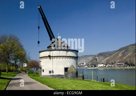 Ancienne grue sur la promenade du Rhin, Andernach, Rhénanie-Palatinat, Allemagne, Europe, Alter Kran an der Rheinpromenade, Andernach, Banque D'Images