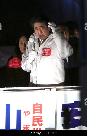 Shinzo Abe, le premier ministre et président du Parti libéral démocrate (PLD), au cours d'une campagne électorale rassemblement à Akihabara, Tokyo, Japon, le samedi, 13 Décembre, 2014 Banque D'Images