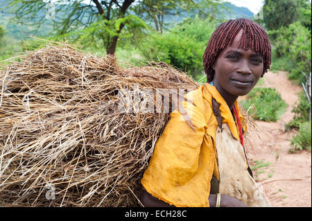 Femme appartenant à la tribu de Banna. Elle vient d'aller ramasser du fourrage (Éthiopie) Banque D'Images