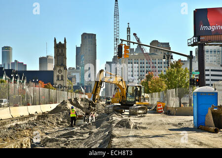 Projet de tramway 'M-1' sur Woodward Ave, Detroit, Michigan, USA. Le 23 octobre 2014. Banque D'Images