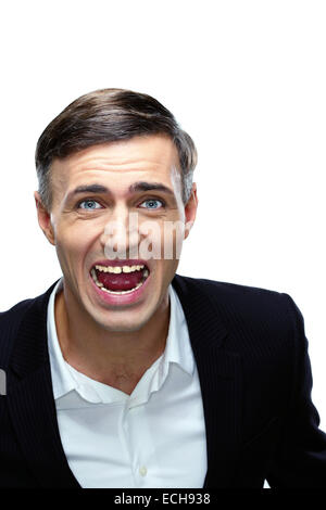 Angry businessman shouting isolé sur fond blanc Banque D'Images