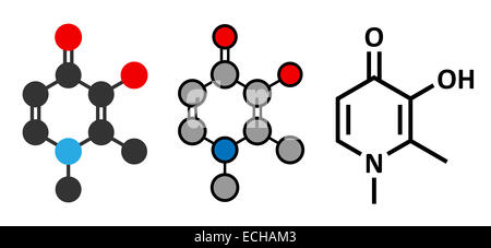 La défériprone thalassémie majeure molécule pharmaceutique. L'agent chélateur du fer. Formule topologique classique et représentations stylisées. Banque D'Images