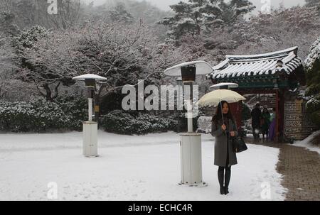 Séoul, Corée du Sud. Le 15 décembre, 2014. Un touriste jouit d'une chute de neige à Séoul, Corée du Sud, le 15 décembre, 2014. La chute de neige a commencé dans l'après-midi du lundi à Séoul et allaient durer plusieurs jours, selon les prévisions météo. © Yao Sailawei Holiday/Xinhua/Alamy Live News Banque D'Images