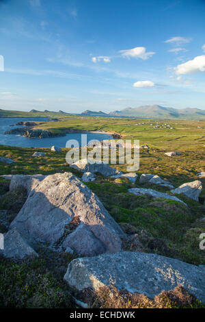 Rochers sous la montagne, Brandon Clogher Head, la péninsule de Dingle, comté de Kerry, Irlande. Banque D'Images