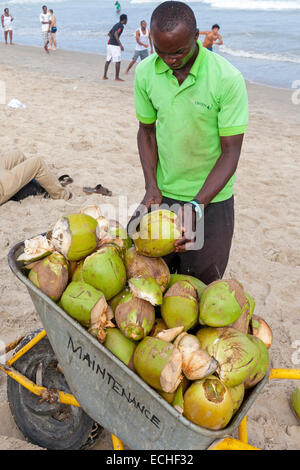 Vendeur de noix de coco sur la plage de Labadi, Accra, Ghana, Afrique Banque D'Images