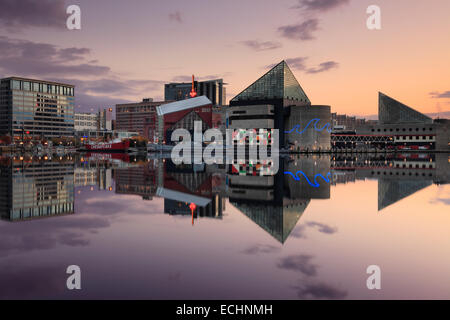 Skyline reflète dans Baltimore Inner Harbor Banque D'Images