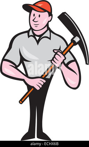 Illustration d'une construction worker wearing hat holding pioche isolées sur fond blanc fait dans un style de dessin animé. Banque D'Images