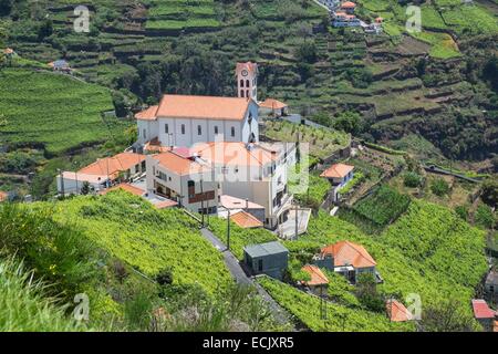 Le Portugal, l'île de Madère, la randonnée le long de la levada do Norte, l'église de Garachico au milieu des vignes Banque D'Images