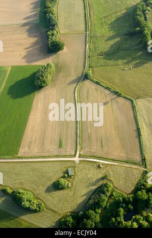 La France, Territoire de Belfort, Bavilliers, la vallée en été Route Bourbeuse travesant tondues de pâturages et de terres agricoles (vue aérienne) Banque D'Images