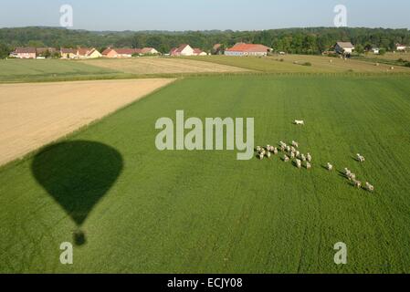 La France, Territoire de Belfort, Bavilliers, l'ombre de la montgolfière s'apprête à atterrisage dans un pré (vue aérienne) Banque D'Images