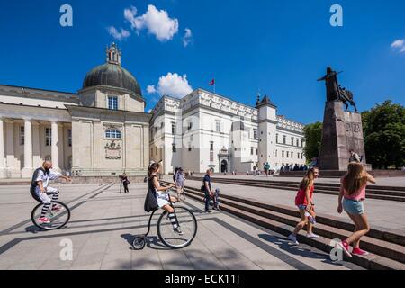 La Lituanie (pays baltes), Vilnius, centre historique classé au Patrimoine Mondial par l'UNESCO, la cathédrale de Saint Stanislas, Katedros aikste, le Palais Royal et la statue équestre du grand-duc Gediminas, le fondateur de Vilnius, les artistes de rue sur la th Banque D'Images