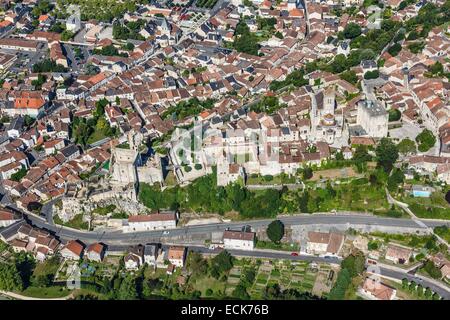 France, Vienne, Chauvigny, Saint Pierre collegiale, Gouzon donjon, Harcourt et châteaux Baronnial (vue aérienne) Banque D'Images