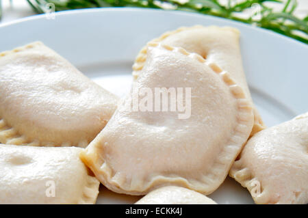 Libre d'une plaque avec quelques petites empanadillas espagnols non cuits, de la viande ou des tartes au thon Banque D'Images