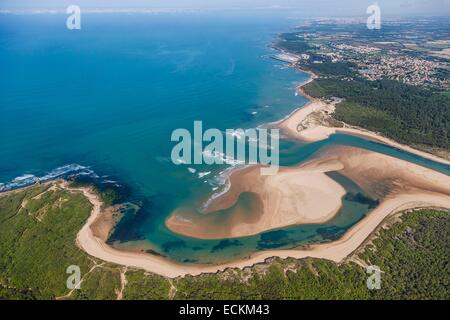 France, Vendée, Talmont Saint Hilaire, la pointe du Payre et Veillon plage (vue aérienne) Banque D'Images