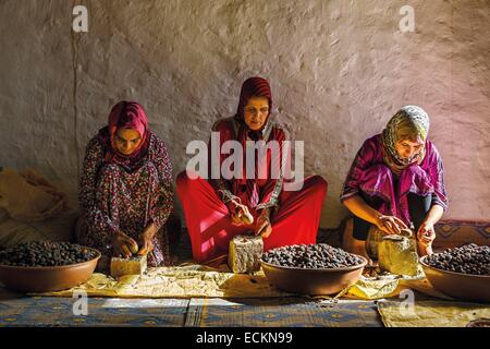 Maroc, région du Souss, Tadrart, coopérative des femmes marocaines, les femmes en charge de la mise en pâte de graines d'argan, de l'argan pâte traditionnelle et manuellement les semences Banque D'Images