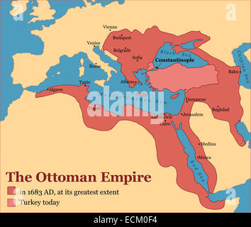 L'Empire Ottoman à son apogée en 1683, et la Turquie d'aujourd'hui. Banque D'Images