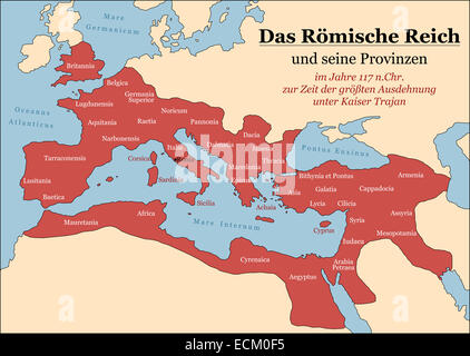 L'Empire romain à son apogée en 117 annonce à l'époque de Trajan, plus les provinces principales. Marquage en allemand ! Banque D'Images