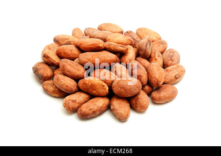 Les fèves de cacao sur un fond blanc Banque D'Images
