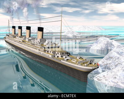 Célèbre navire Titanic parmi les icebergs flottant sur l'eau par jour nuageux Banque D'Images