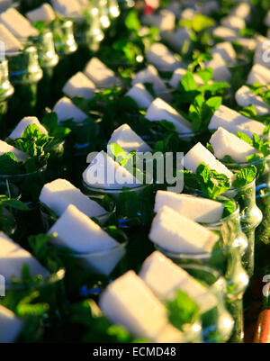 Lignes de verres de thé à la menthe au Maroc en attente d'être servi Banque D'Images