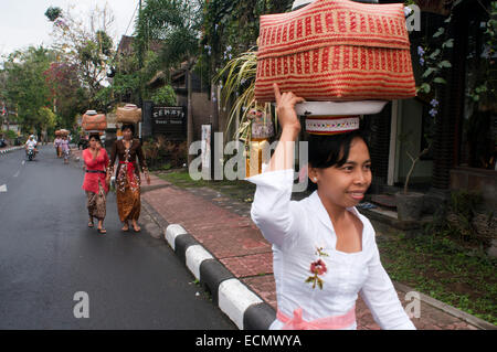 Les femmes portant des offrandes aux dieux hindous, Ubud, Bali, Indonésie. De nombreuses femmes se tournent vers le saint Livre La forêt des singes à prier et laisser des offrandes pour la fête de Galungan. Galungan festival, le plus important de Bali, symbolise la victoire de l'art dramatique (la vertu) sur le mal (Adharma). Pendant les jours que dernière parade balinais célébrations partout l'île ornée de longues cannes de bambou (penjor) décoré avec des épis de maïs, noix de coco, les gâteaux de riz et de gâteaux ainsi que des tissus blancs ou jaunes, fruits des fleurs. Cette fête est célébrée tous les 210 jours. Ubud. Bali. Banque D'Images