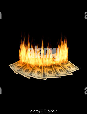 A pile of one hundred dollar bills are burning on a black background Banque D'Images
