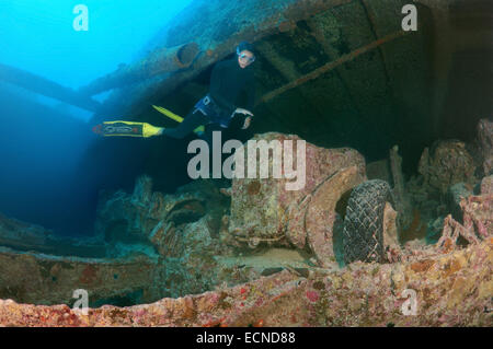 Freediver dives sur l'épave du SS Thistlegorm (British Armed Merchant Navy Ship), Red Sea, Egypt Banque D'Images