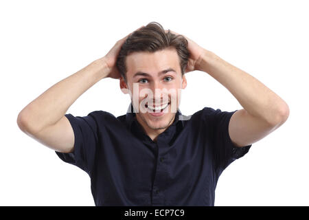 Surpris happy man smiling with hands on head isolé sur fond blanc Banque D'Images