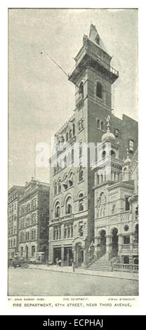 Une illustration de 1893 de King, représentant le service des incendies de la 67e rue à New York, mettant en évidence la caserne de pompiers et l'équipement d'intervention d'urgence de l'époque. Banque D'Images