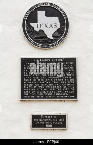 La Texas Historical Commission plaque à la chapelle de la Lomita près de Mission, Texas, USA. Banque D'Images