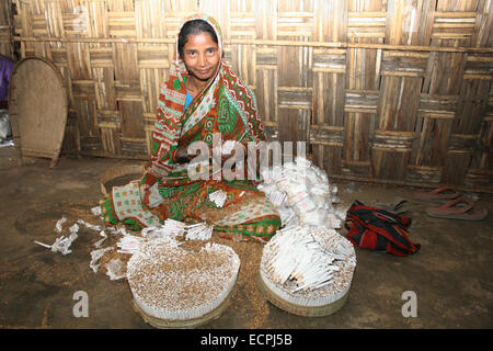 Dhaka 8 janvier 2008. Femme travaille dans une cigarette roulée à la main (appelé localement un bidi) factory dans Haragach. Photo de palash khan Banque D'Images