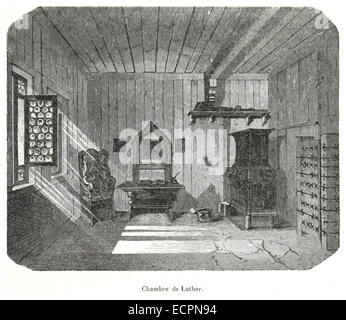 Le Lutherstube dans le château de Wartburg, à Eisenach, est représenté dans cette image des années 1850, illustrant l'espace historique où Martin Luther a traduit la Bible. Banque D'Images