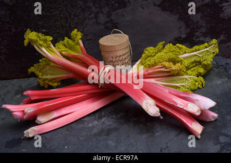 Rhubarbe fraîche lié en bottes et dans un panier trug. Tarte aux légumes Aliments rouge souvent utilisé dans les charlottes etc.une croix au Royaume-Uni Banque D'Images