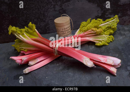 Rhubarbe fraîche lié en bottes et dans un panier trug. Tarte aux légumes Aliments rouge souvent utilisé dans les charlottes etc.une croix au Royaume-Uni Banque D'Images