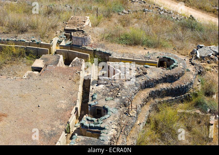 Tranchées sur une colline proche de la frontière syrienne sur le plateau du Golan en Israël, vestiges de la guerre du Kippour en 1973 Banque D'Images