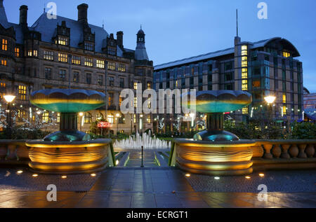 UK,South Yorkshire,Sheffield,hôtel de ville et des jardins de la paix dans la nuit Banque D'Images